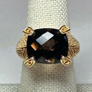 Smoky quartz cushion cut ring in yellow gold vermeil sterling silver 925 Size 7
